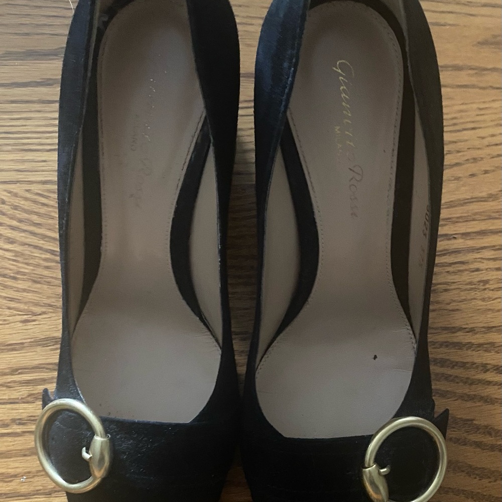 Gianvito Rossi Black Suede Heels with Gold Buckle size 37 1/2